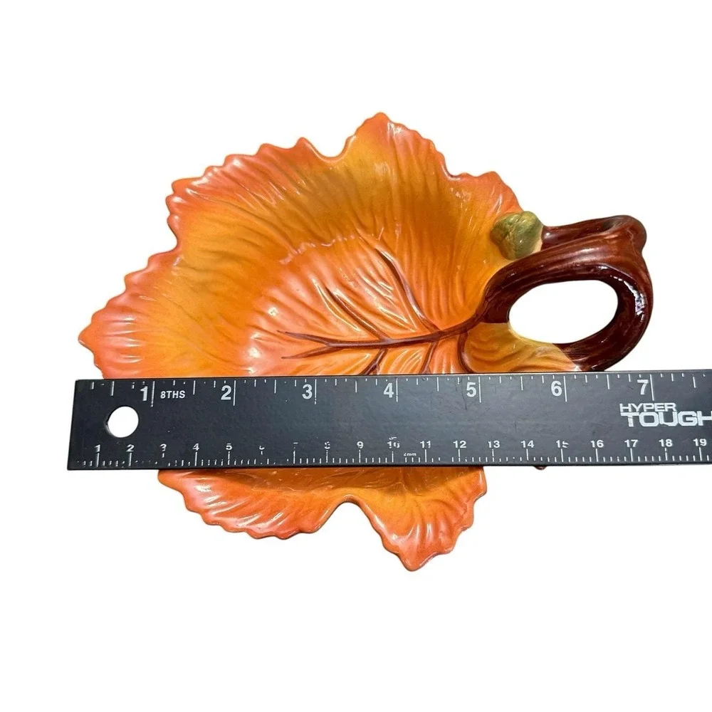 FIGI Autumn Leaf Handled Bowl Candy Nut Dish Fall Thanksgiving Orange Ceramic